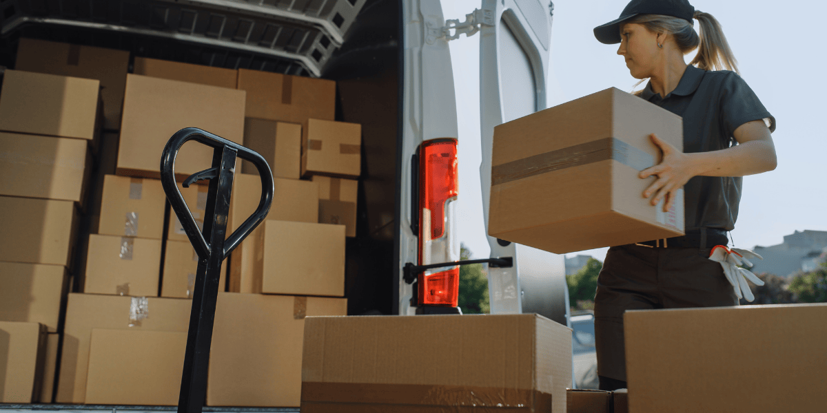 Lieferfahrerin lädt Kartons aus Transporter mit Paketstapel und Hubwagen im Laderaum.