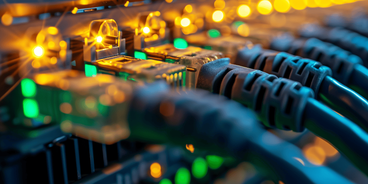 Nahaufnahme eines Netzwerk-Switches mit eingesteckten Ethernet-Kabeln, leuchtenden Status-LEDs und transparenten RJ45-Steckern.