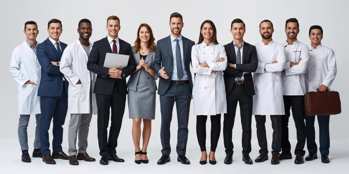 Menschen in unterschiedlichen Berufen stehen nebeneinander