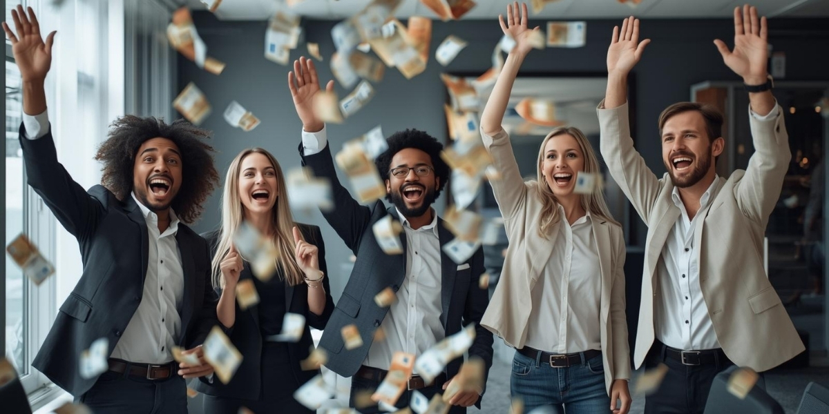Gruppe jubelnder Menschen feiert finanziellen Erfolg, Geldscheine fliegen im Büro