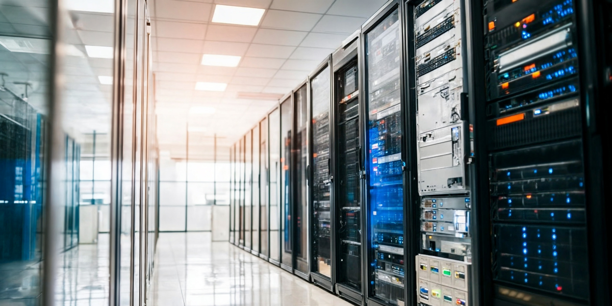 Reihe von hohen Server-Racks in einem modernen, hell beleuchteten Rechenzentrum mit Glaswänden und glänzendem Boden