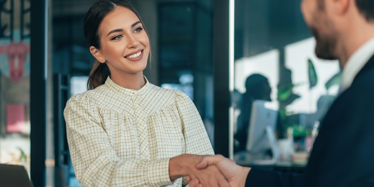 Geschäftsfrau im Büro schüttelt einem Mann im Anzug die Hand, Glaswand und Computerarbeitsplatz im Hintergrund