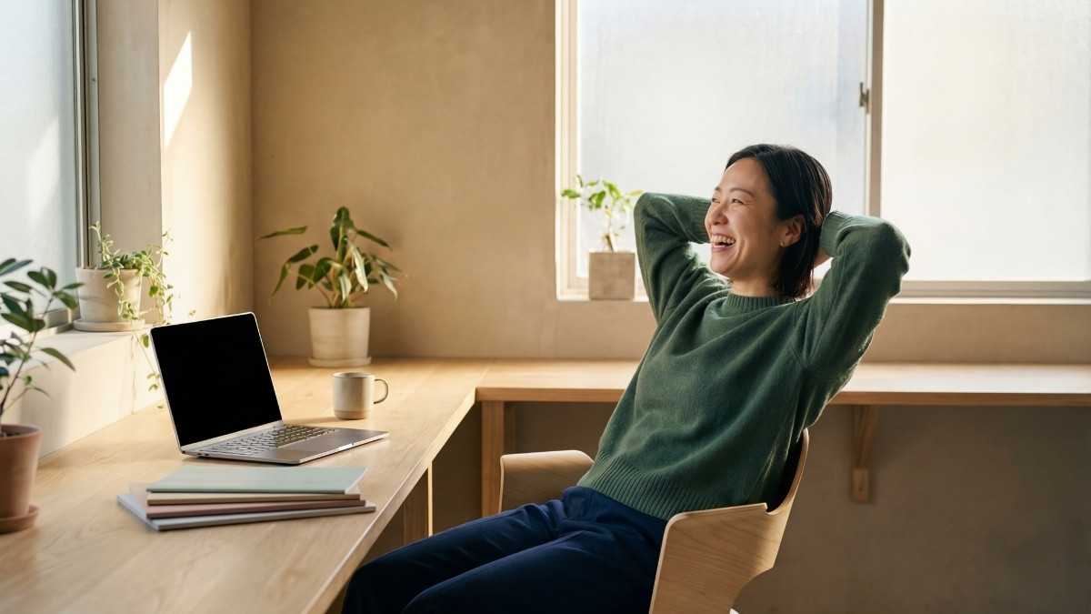 Frau lehnt sich entspannt in einem Stuhl zurück und lächelt, neben ihr steht ein Laptop auf dem Schreibtisch