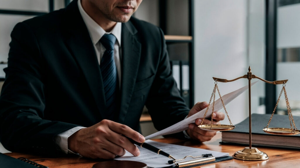 Geschäftsmann im Anzug prüft ein Dokument am Schreibtisch, daneben steht eine Waage als Symbol für Recht und Gesetz.