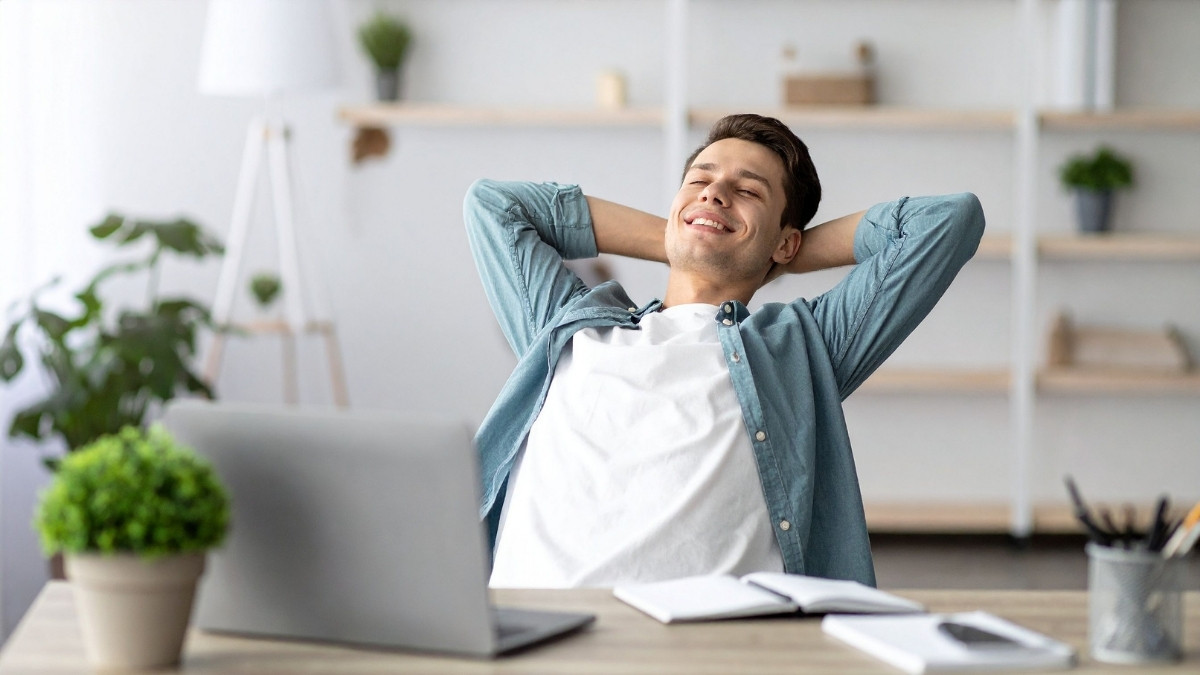 Zufriedener Mann lehnt sich entspannt im Stuhl zurück und lächelt vor seinem Laptop am Schreibtisch