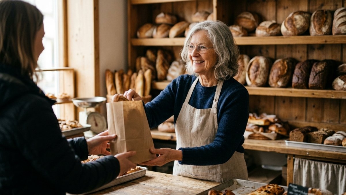 Ältere Frau in Schürze arbeitet hinter der Theke einer Bäckerei