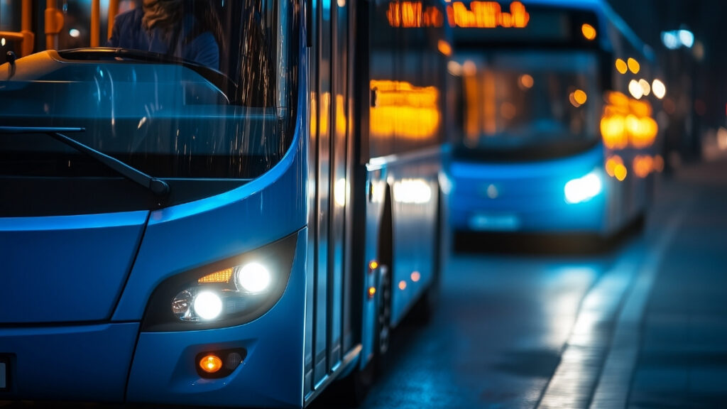 Moderner Linienbus bei Nacht an einer Haltestelle, im Hintergrund fährt ein weiterer Bus mit leuchtender Anzeige