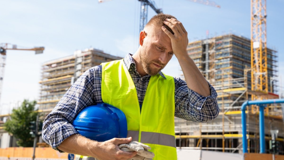 Bauarbeiter mit Schutzweste hält einen Helm und wirkt besorgt auf einer Baustelle mit Kränen im Hintergrund