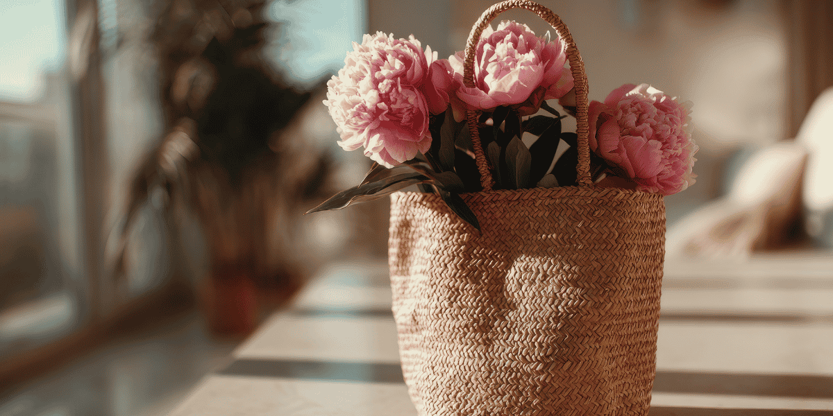 Geflochtener Korb mit rosa Pfingstrosen auf Tisch, Innenraum im warmen Licht, Hintergrund unscharf
