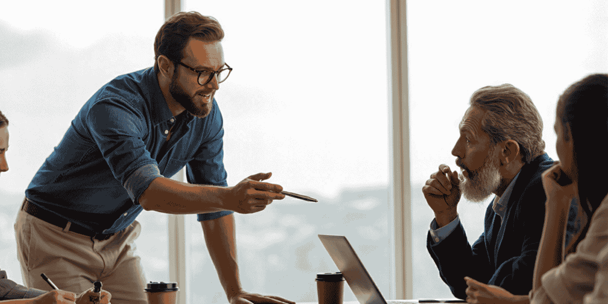 Person zeigt mit Stift auf Laptop während Besprechung am Tisch mit weiteren Personen vor großem Fenster