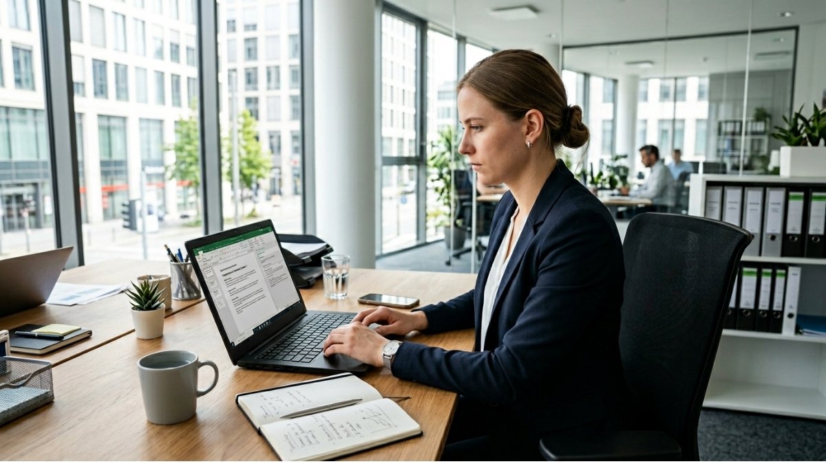Junge Frau arbeitet konzentriert an einem Laptop in einem modernen Büro mit großen Fenstern und Unterlagen auf dem Schreibtisch.