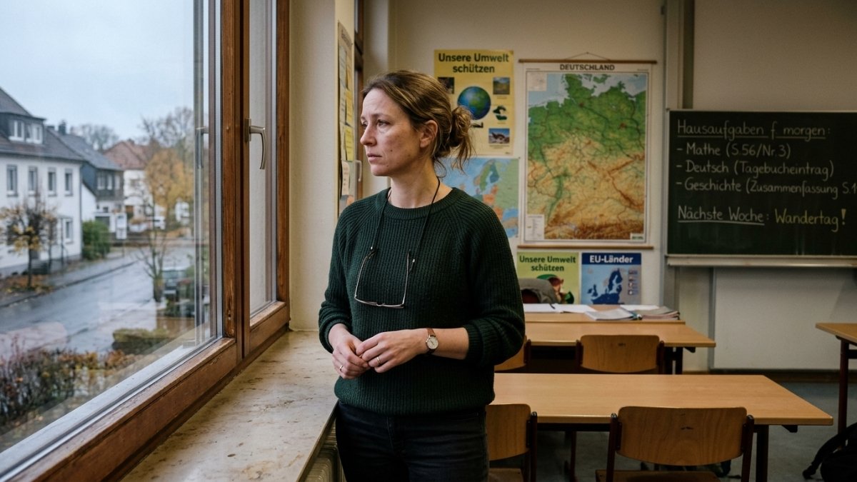 Lehrerin steht nachdenklich in einem leeren Klassenzimmer am Fenster und blickt nach draußen; im Hintergrund sind eine Tafel und Unterrichtsmaterialien zu sehen.