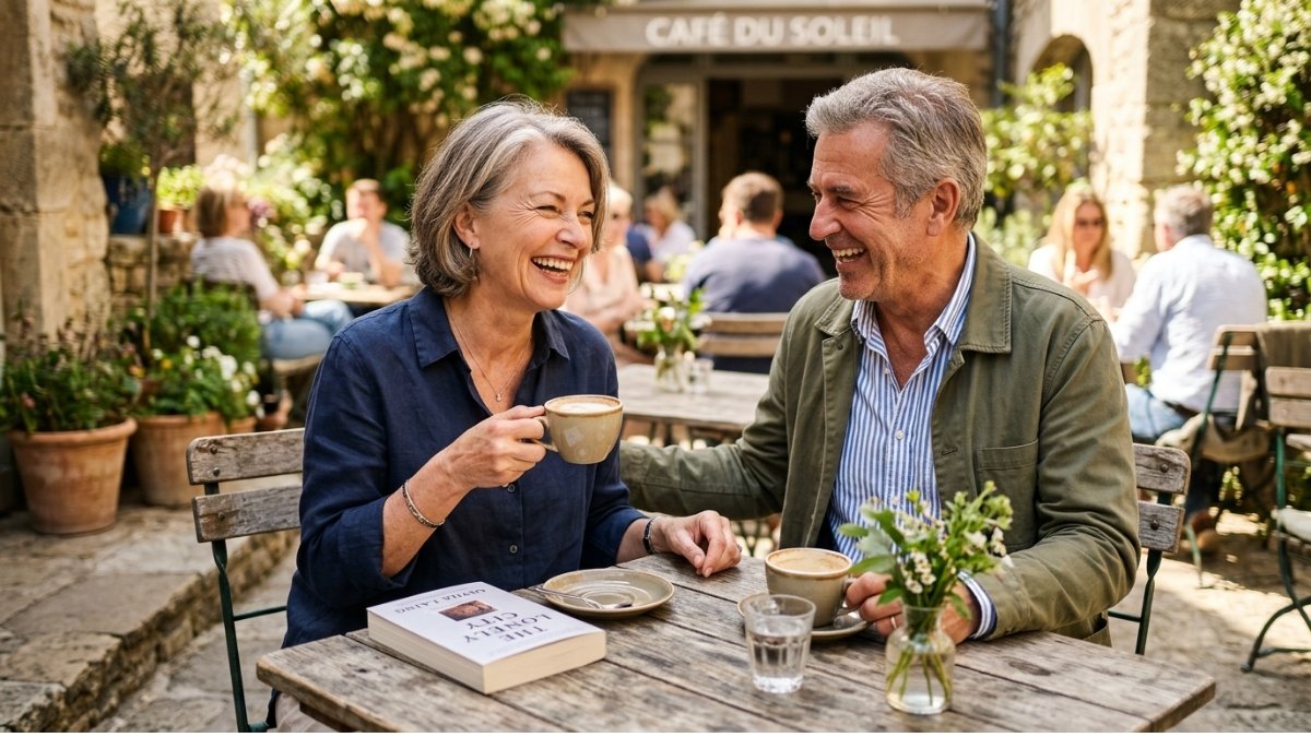 Älteres Paar sitzt lachend in einem Café im Freien, trinkt gemeinsam Kaffee und genießt entspannt die Zeit miteinander.
