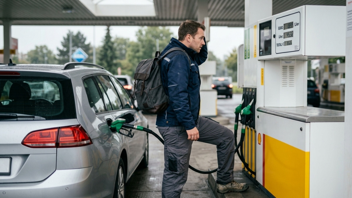 Mann steht an einer Tankstelle neben seinem Auto und schaut besorgt auf die Anzeige der Zapfsäule, während der Wagen betankt wird.