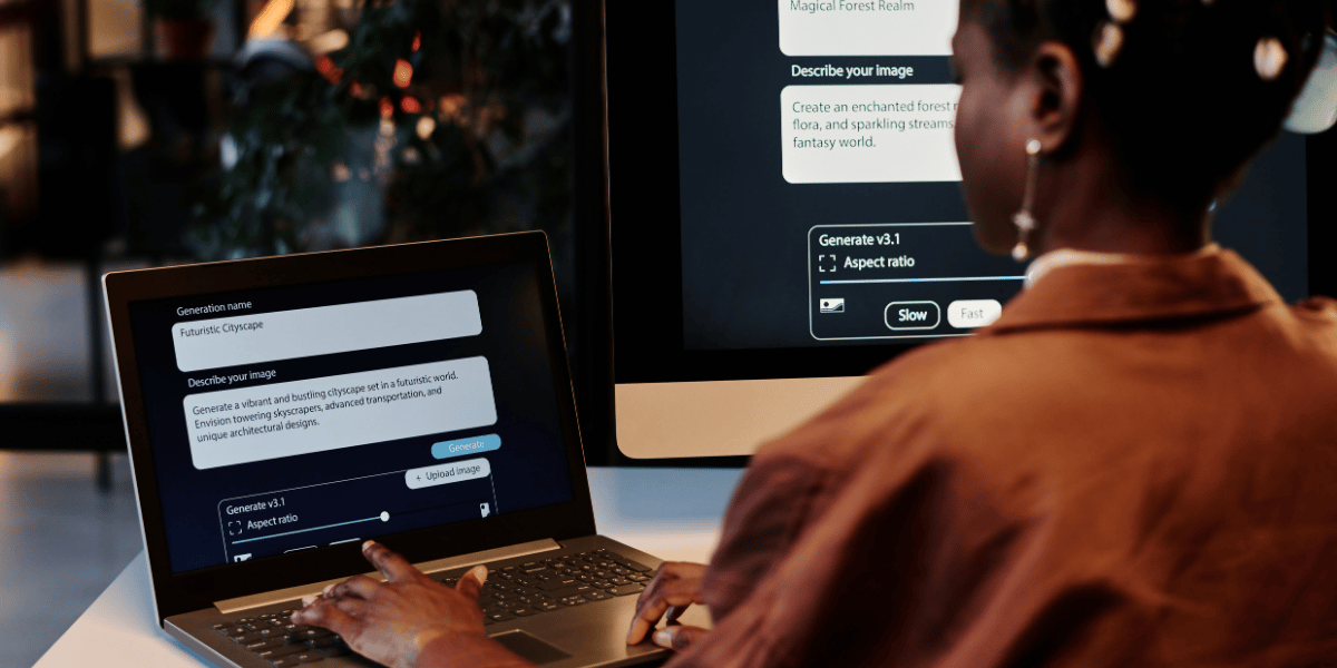 Person arbeitet an einem Laptop mit KI-Bildgenerator-Oberfläche; auf dem Bildschirm Texteingaben wie „Futuristic Cityscape“ und Optionen zur Bildgenerierung sichtbar, im Hintergrund ein weiterer Monitor mit ähnlicher Anwendung.