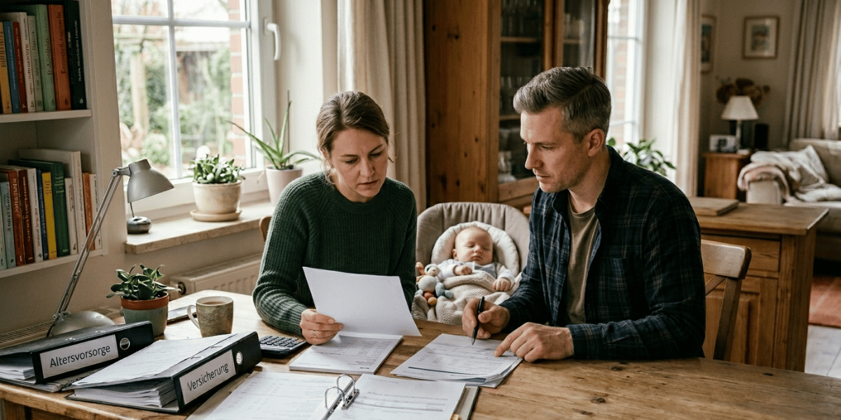Paar sitzt am Holztisch mit Dokumenten und Ordnern („Altersvorsorge“, „Versicherung“), prüft Unterlagen; Baby schläft in Babyschale im Hintergrund.