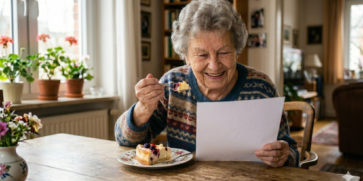 Ältere Person sitzt am Tisch, hält ein Blatt Papier und isst ein Stück Kuchen; im Hintergrund Fenster mit Topfpflanzen und Wohnraum.