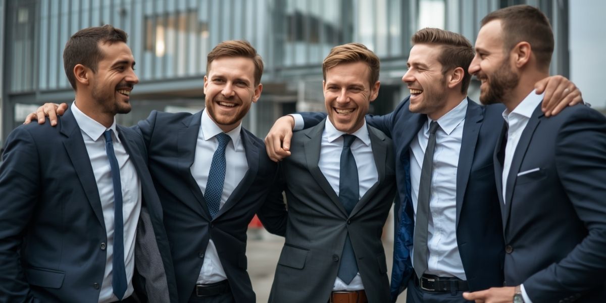 Fünf Personen in Anzügen stehen eng beisammen vor einem modernen Bürogebäude.