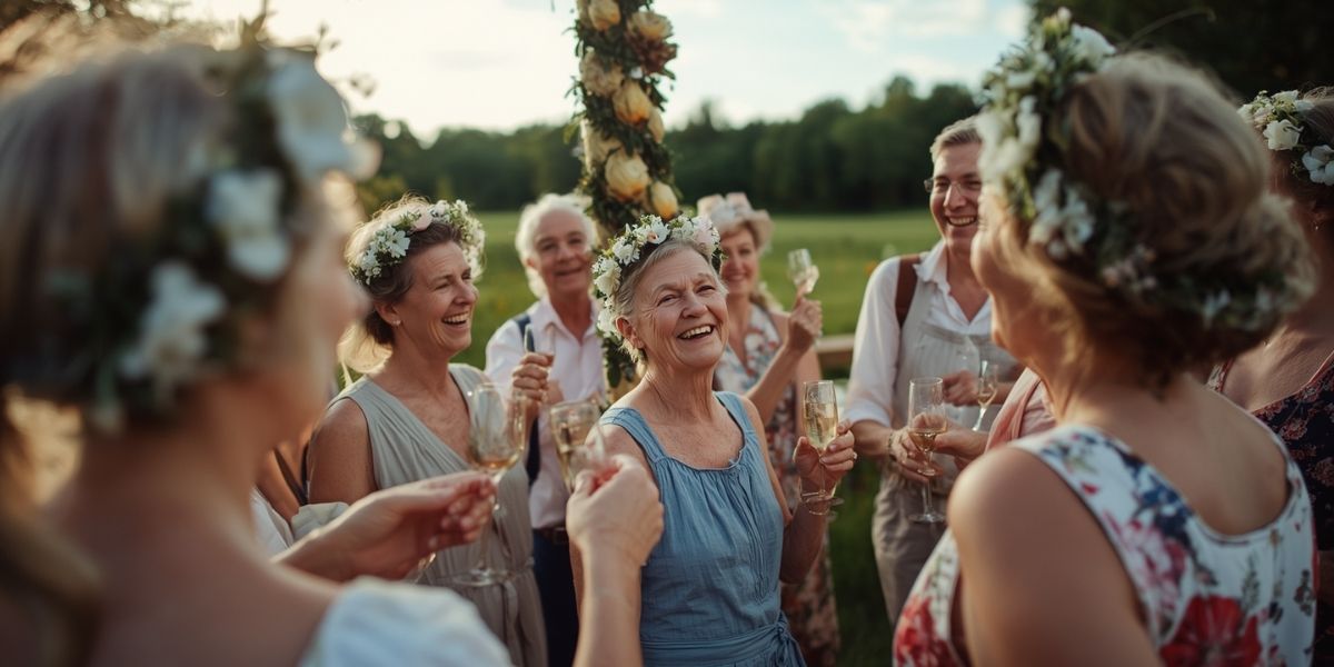 Menschen über 60 jahren feiern midsommar in schweden.