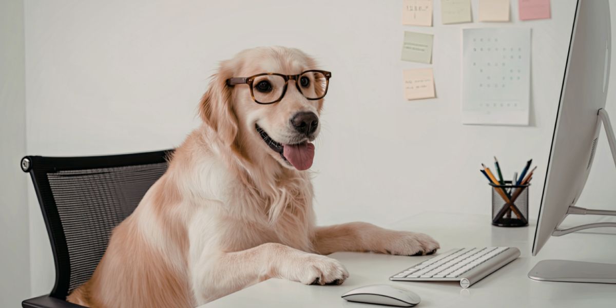 Golden Retriever mit Brille sitzt an einem Schreibtisch vor einem Computer.