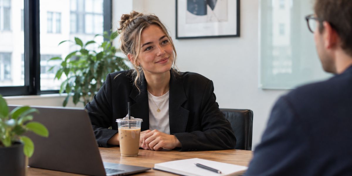 Eine junge Frau sitzt lächelnd in einem Bewerbungsgespräch. Vor ihr steht ein Iced Coffee auf dem Tisch