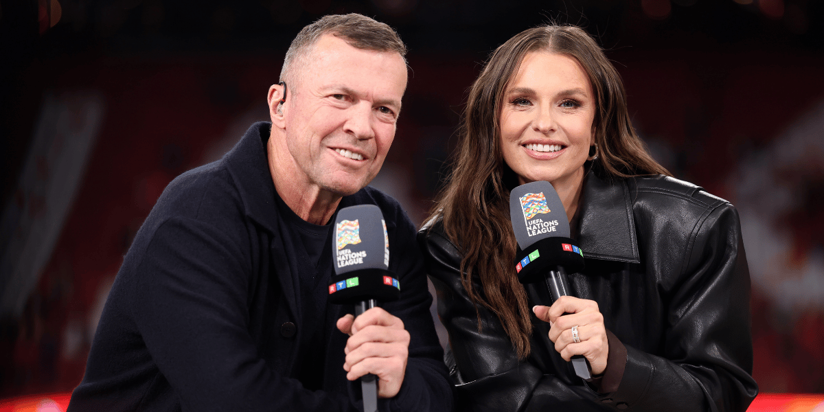 AMSTERDAM, NETHERLANDS - SEPTEMBER 24: Lothar Matthaus and Laura Wontorra before during the UEFA Nations League 2026/27 group phase match between Netherlands and Germany at Johan Cruijff Arena on September 24, 2026 in Amsterdam, Netherlands. (Photo by Lars Baron/Getty Images)